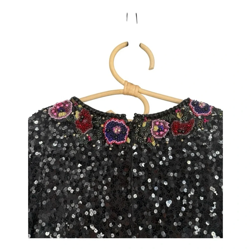 Victoria Royal Ltd Beaded Sequin Silk Gown Black Floral Maxi Dress 6/8 Vintage - Picture 13 of 16